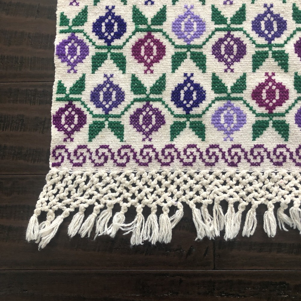 Vintage Hand Knit Floral Lap Blanket Table Runner Fringe Edge MCM 75" x 28" - Picture 3 of 8